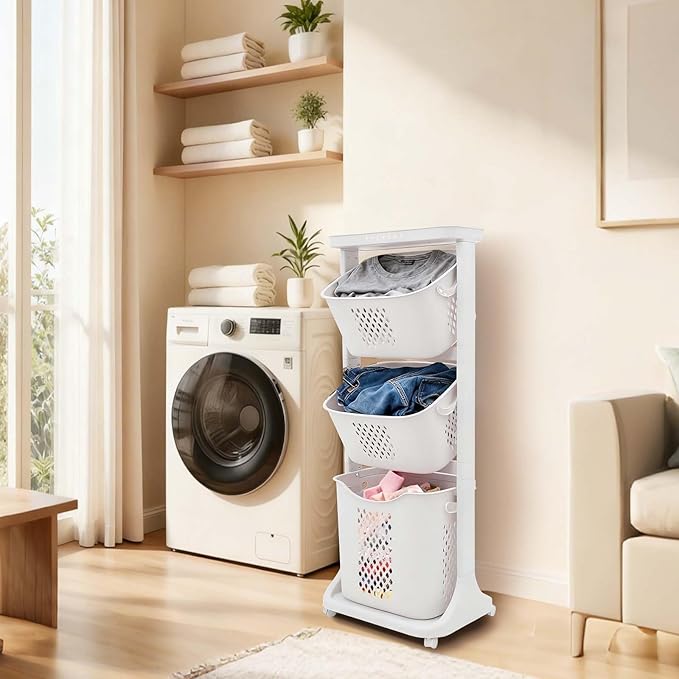 3 Tier Laundry Hamper Vertical Rolling Plastic Laundry Sorter with Wheels Detachable Laundry Basket Portable Clothes Hamper Storage Basket for Bathroom Laundry Room Bedroom