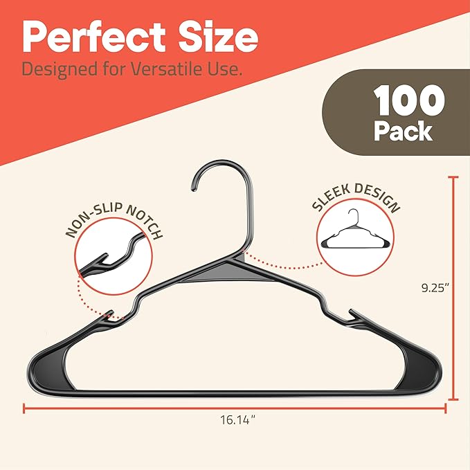 Gray Plastic Hangers 100 Pack– Heavy-Duty Plastic Hangers Slim and Space-Saving, Durable and Lightweight PP with Non-Slip Shoulder Notches for Slip Dresses, Suits, Jackets & Camisoles
