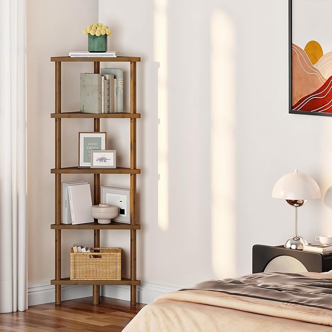 HOOBRO Corner Shelf Stand, 5-Tier Bamboo Corner Bookshelf, Plant Display Shelf, Corner Bookcase, Multipurpose Shelving Unit for Small Space, Living Room, Easy Assembly, Mocha MA20CJ01