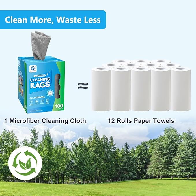 GLIMGLINT Microfiber Cleaning Cloth, 100 Pack Cleaning Rags, Lint-Free, Ultra Absorbent Reusable Paper Towels for Home, Kitchen, Car, Garage or Shop, Dish Rags, 11" x 9", Grey