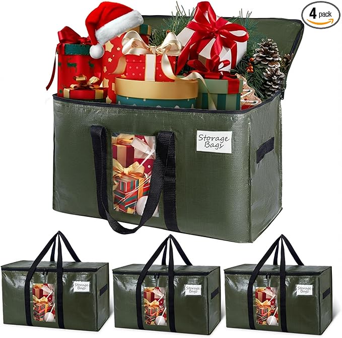 TAILI 4 Pack Green Extra Large Storage Bags, Heavy Duty Totes with Visible Window, Wrap Around Handles, Perfect for Moving
