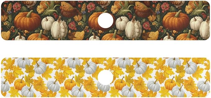 Vintage Pumpkin Flower Mapkle Leaves Fall Kitchen Sink Splash Guard Sink Faucet Mat Faucet Handle Drip Catcher Drain Mats for Kitchen Bathroom Countertop Absorbent Dish Drying Pad 2P