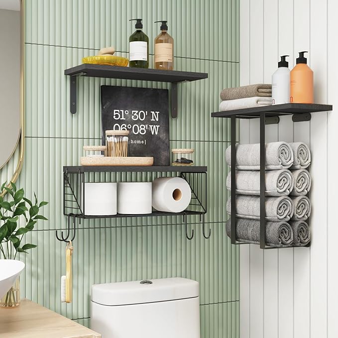 Fixwal Bathroom Floating Shelves Over Toilet Wall Shelves Set with Towel Storage Rack for Bathroom Organization & Wall Decor(Black)