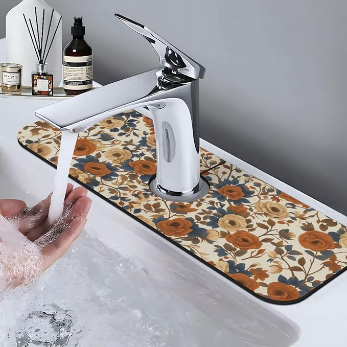 Faucet Draining Mat For Kitchen Sink, Peony Flower Blue Leaves Diatom Mud Absorbent Drain Pad For Bathroom Kitchen Sink Splash Guard Drying Mat