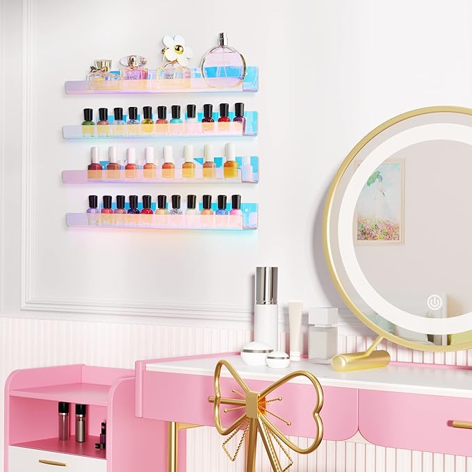 upsimples Acrylic Shelves for Wall Decor, 15" Display Shelf for Perfume, Skincare, Nail Polish, Wall Organizer for Bathroom, Bedroom, Living Room, Playroom, Kids Bookshelf, Iridescent, 4 Pack