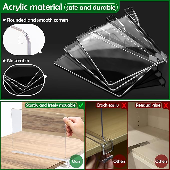 Consevisen Shelf Dividers for Closet Organization and Storage, 12 Pack Acrylic Clear Closet Shelf Dividers for Wood Shelves, Vertical Sweater Handbag Purse Organizer for Bedroom Kitchen Office