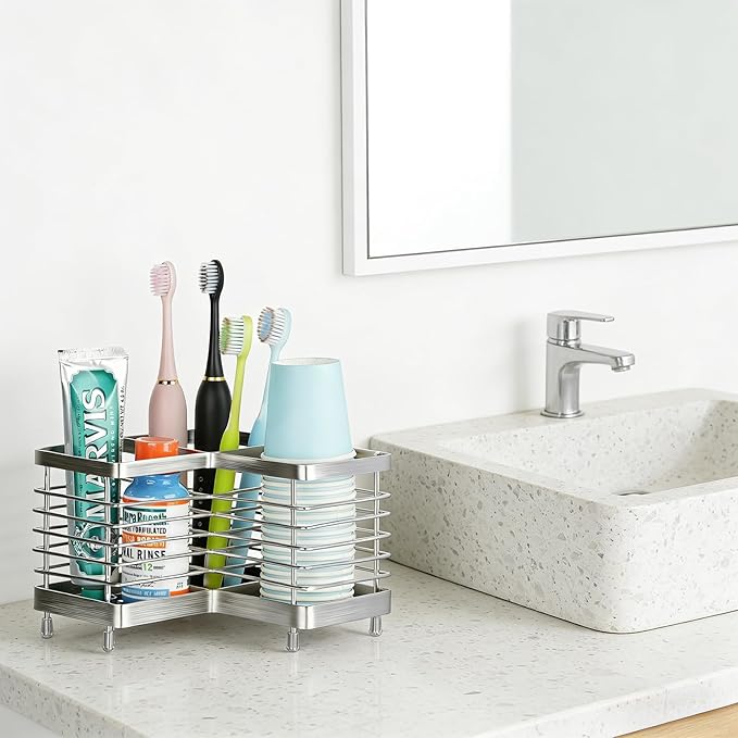 MYITYARD Toothbrush Holders for Bathrooms, Stainless Steel Electric Toothbrush and Toothpaste Organizer, Toothpaste Holder Stand, Bathroom Accessories for Countertop, 3 Slots Silver