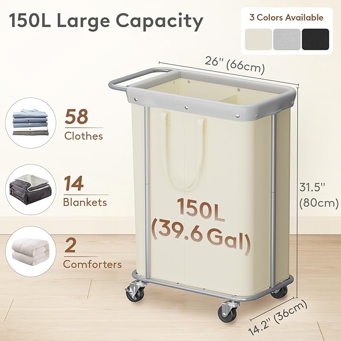 Lifewit 150L Large Laundry Basket with Wheels, Tall 2 Section Laundry Hamper Organizer, Rolling Laundry Cart with Steel Frame & Removable Bag for Luandry Room Bathroom Bedroom, White