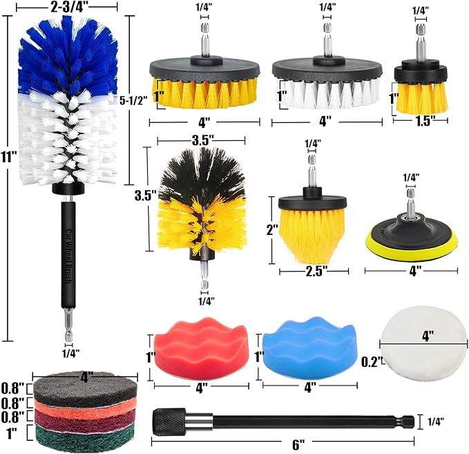 15Pcs Drill Brush Attachment Set, Drill Scrubber Brush Kit Include Soft Drill Wheel Brush, Scrub Pads, Sponge, Drill Cleaning Brush Attachment Set for Car, Bathroom, Tub, Tile, Floor, Grout, Boat
