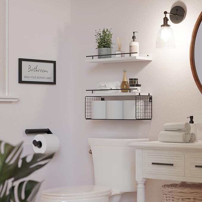 WOPITUES Floating Shelves for Wall Decor Sign, Bathroom Organizer and Storage, Bathroom Shelves Over Toilet with Metal Guardrail-Modern White