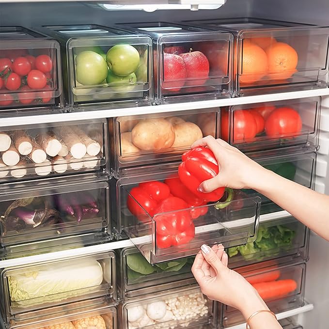 YekouMax Fridge Drawer Organizer - 2 Pcs Pull-Out Cabinet Storage Containers For Fridge, Freezer, Pantry Organizer for Kitchen Storage & Organization Sets, 11.81" Long