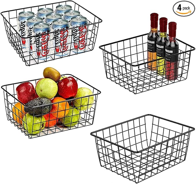 Wire Baskets for Organizing, 4 Pack Household Pantry Basket Black Metal Storage Bins Wire Storage Baskets Metal Baskets for for Home Office Kitchen, Bathroom