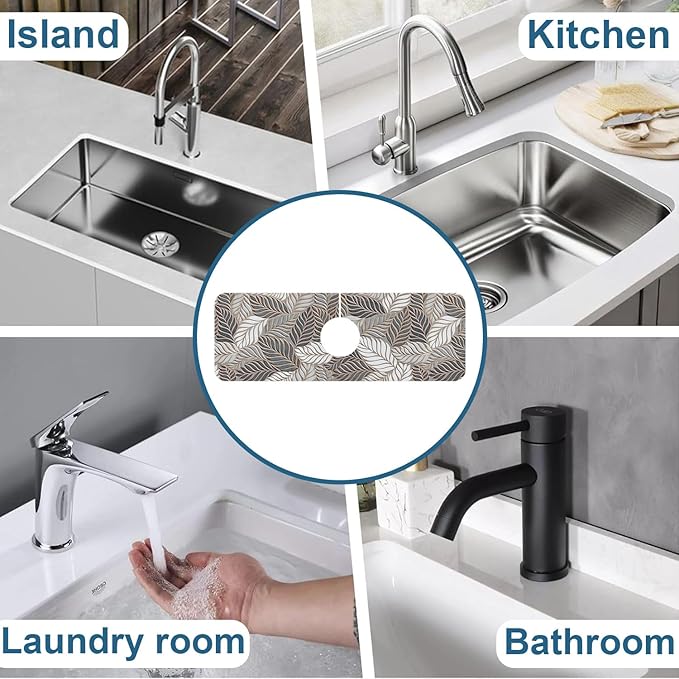 Embossed Leaf Texture Sink Splash Guard Grey Leaf Faucet Absorbing Mat Fast Drying Mat Sink Gadgets Splash Guard Behind Faucet Drip Catcher for Kitchen Bathroom, 15.5"x5.5"