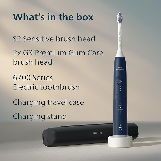 Philips Sonicare 6700 Series Electric Toothbrush - Next-Generation Sonicare Technology, Pressure Sensor, 9 Brushing Settings, SmarTimer, 21-Day Runtime, Travel Case, Navy Blue, HX7413/05