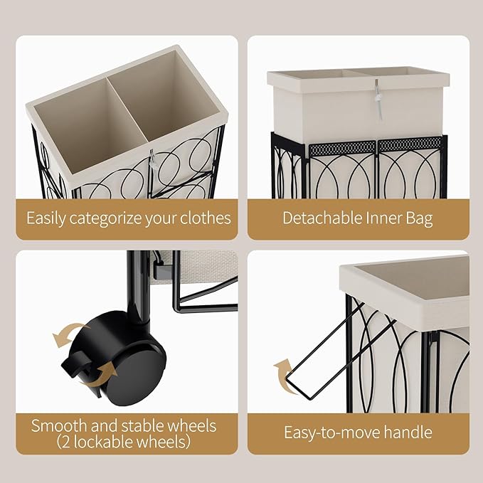 VIPLEO Laundry Hamper with 2 Section, Large 105L Rolling Laundry Basket with Wheels, Metal Heavy Duty Laundry Hamper with Detachable Bags, Dirty Clothes Hamper Organizer for Bedroom, Bathroom(Beige)