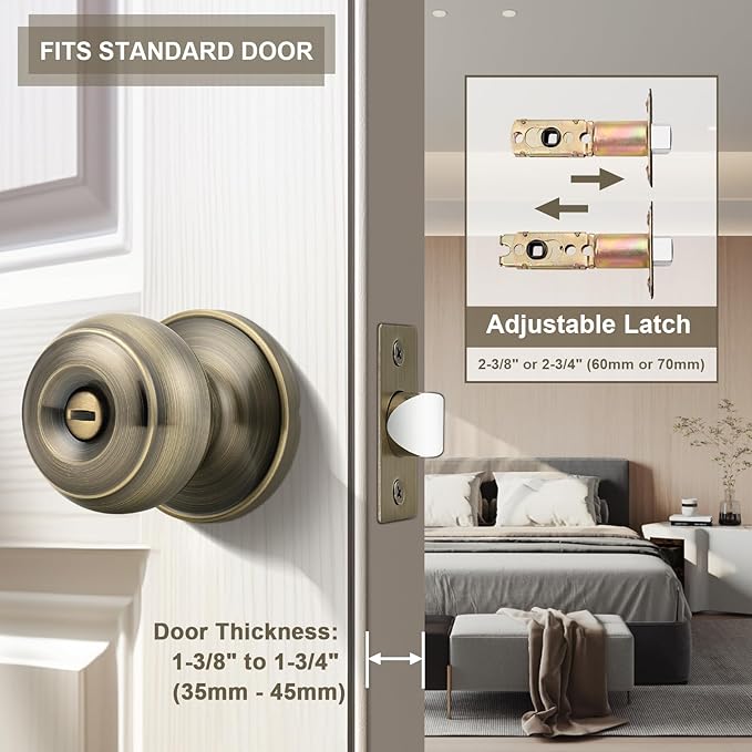 Probrico Privacy Door Knobs Lock Interior Bedroom Bathroom Door Handle Antique Brass Round Ball Keyless Lockset 2 Pack