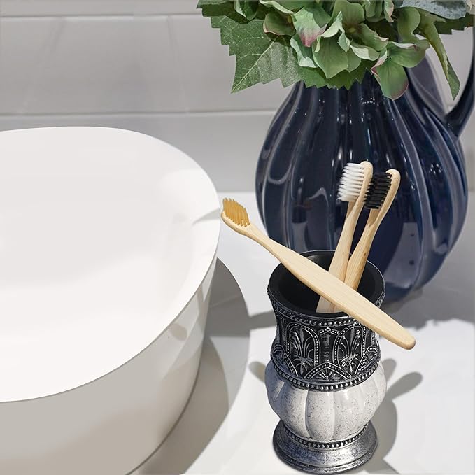 Pumkins Bathroom Accessories Set，Retro Style Including 1 Cups, 1 Toothbrush Holders, 1 Soap Dishes and 1 Soap Dispenser, Home and Countertop Decoration, Vanity Organize, New Home Gift, Grey