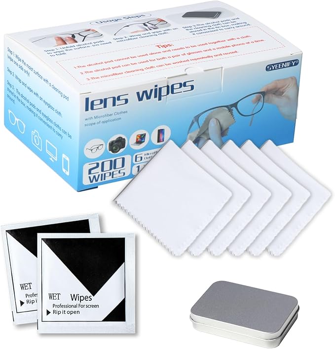200 Count Lens Wipes for Eyeglasses and 6 pcs Microfiber Cleaning Cloth，Eyeglass Lens Cleaning Wipes，Individually Wrapped Streak-Free Eyeglass Cleaning Wipes for Sunglass, Camera Lens, Goggles.