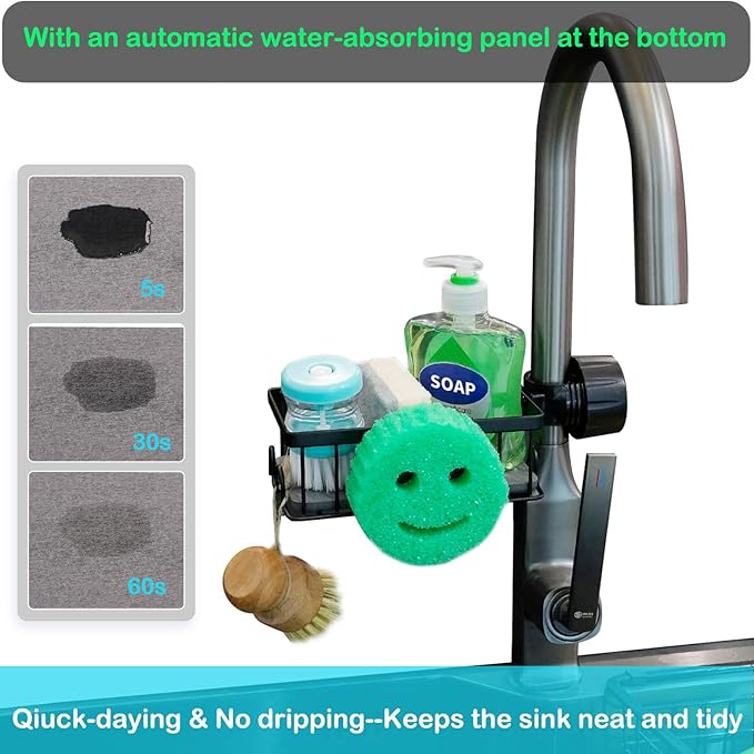 Sponge Holder for Kitchen Sink Smiley Face Sponge Holder Over Faucet - Stainless Steel Sink Caddy Organizer with Quick Stone Drying Mat (Black)