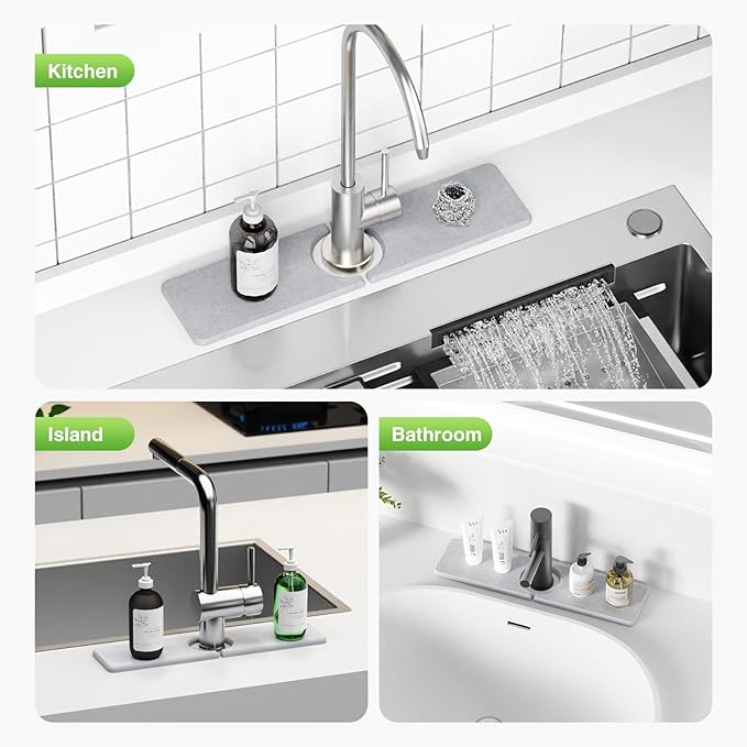 15.8" x 4" Stone Faucet Mat for Kitchen Sink, Quick Drying Diatomite Sink Tray, Faucet Sink Splash Guard for Prevents Moisture Buildup (Light Gray)