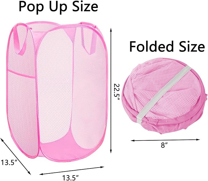 Portable Mesh Pop Up Laundry Hamper Pink Vertical Collapsible Laundry Basket With Strong Handles for Easy Storage, Suitable for Bedroom, College Dorms, Travel, RV