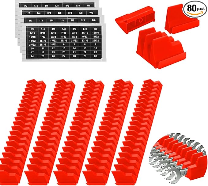 80 Pcs Modular Wrench Organizer Holder Set with Metric & SAE Labels, Wrench Rack for Toolbox Drawer Storage, Includes 9-Grid Clear Parts Box (Red)