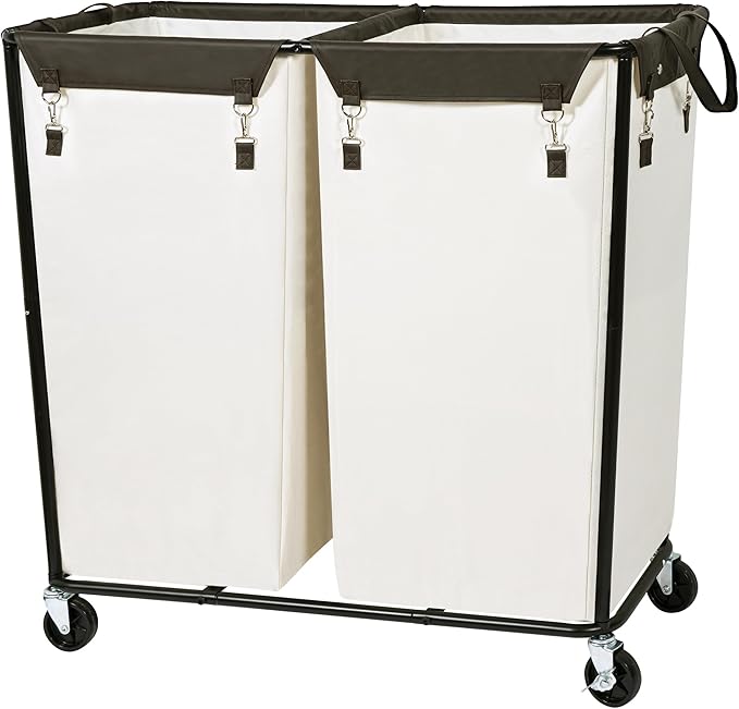 STO STO 280L Rolling Industrial Laundry Hamper with Wheels, 2-Compartment Extra Large Laundry Sorter, Heavy Duty Dirty Clothes Basket Cart with Metal Frame for Home or Commercial Use, Beige