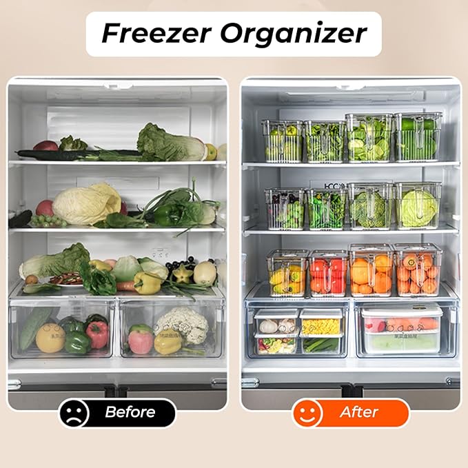 2 Pack Clear Refrigerator Organizers and Storage, Plastic Fridge Organizer Bins with Handle and Removable Drain Tray, Multi-Use Organizer Bins for Kitchen, Cabinets, Fridge, Drinks, Vegetable
