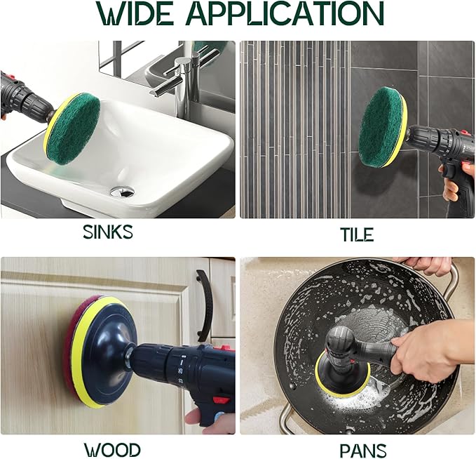 Power Scrub Pads Drill Attachment, GOH DODD 30 Pieces 5 Inch Headlight Restoration Kit Cleaning Kit Scouring Pads with Baker and Universal Shaft for Kitchen, Bathroom, Grout, Carpet, Tub, Grill,Tile