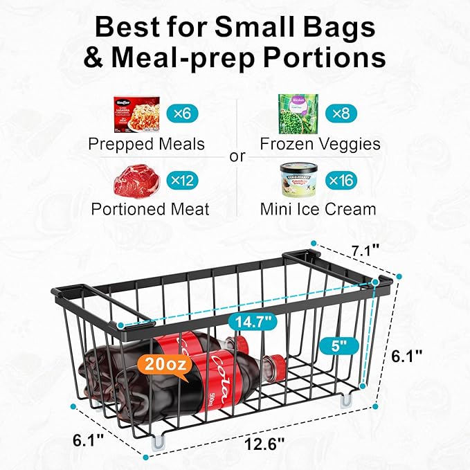iSPECLE Freezer Organizer Bins - Fits 7 Cu.Ft Chest Freezer, 4 Pack Stackable Wire Baskets(14.7" Length), Heavy Duty Coated Deep Freezer Organizer, Rust Resistant for Frozen Food Sorting, Black