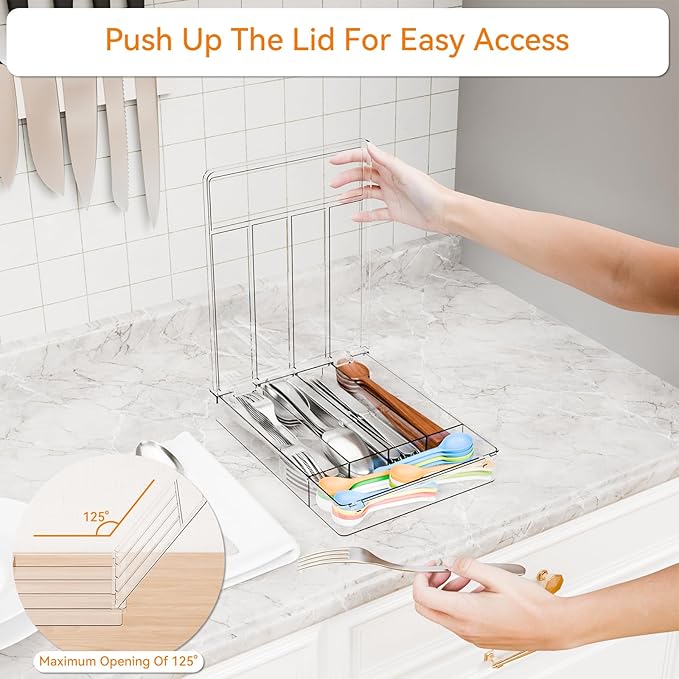 Yieach Clear Silverware Organizer with Lid - 9 inch Wide - Small Silverware Drawer Organizer & Tray and Utensil Drawer Organizers with Lid,BPA Free Plastic Flatware Drawers Organizers for Fork,Spoon