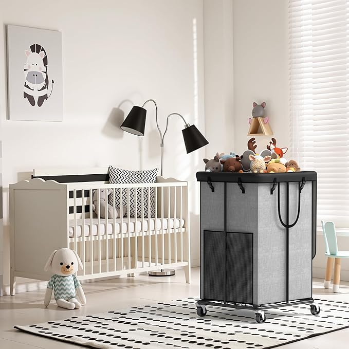 Large Laundry Hampers with Lid, Oxford Fabric Laundry Hampers, Metal Frame and Removable Bag Design with Wheels, Suitable for Bedroom, Bathroom, Dorm Room, Laundry Room (Cationic Gray with Lid)