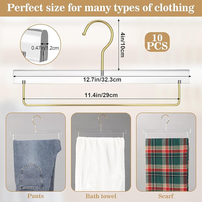 Chunful 10 Pcs Clear Pants Hanger Acrylic Clothes Hangers with Gold Hooks and Bar Heavy Duty Clothes Skirt Jeans Hook Storage and Organizer for Home Cabinet Shop Dress, 12.7 x 6 Inch