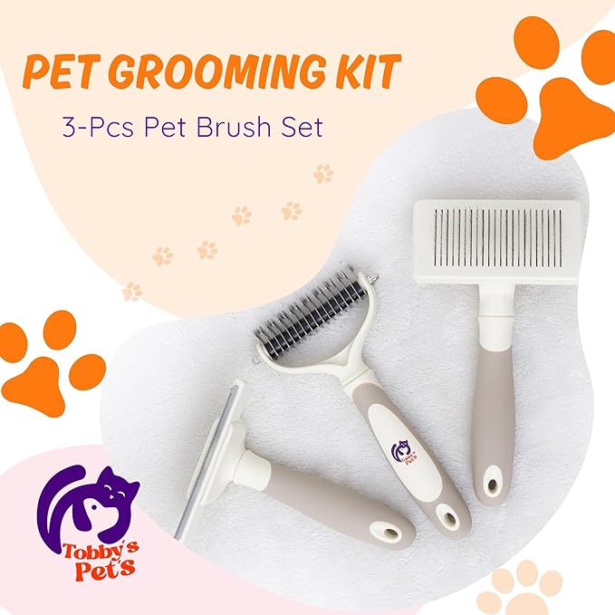 Tobby’s Pets Pet Grooming Kit – 3-Piece Dog & Cat Brush Set with Dematting Tool, Deshedding Brush & Self-Cleaning Slicker Brush – Professional Grooming for Long-Haired Dogs, Double Coats & Cats