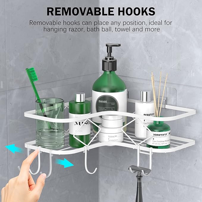 Shower Caddy, 2 Pack Corner Organizer Shelf, Rustproof Wall Mount Shower Storage Rack, No Drilling, 40 lbs Capacity (Glossy White)