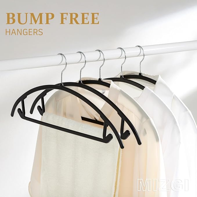 MIZGI Premium Plastic Hangers (Pack of 50) Heavyduty- Black No Shoulder Bump Suit Hangers - Space Saving Clothes,Rounded Hanger for Coat,Sweater,Jackets,Pants
