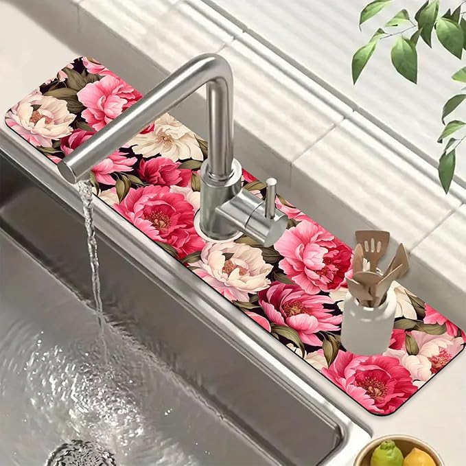 Garden Flowers Kitchen Sink Splash Guard Faucet Mat Watercolor Peonies Super Absorbent Fast Drying Mat Sink Splash Guard Behind Faucet for Kitchen Bathroom, 23.5"x5.5"