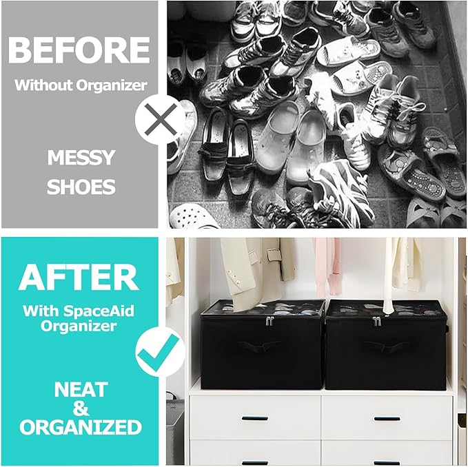 Shoe Organizer for Closet, Fits up to 12 Pairs, Foldable Shoe Storage Containers with Clear Cover, Large Adjustable Shoe Box Organizers, Space Saving Shoes Holder