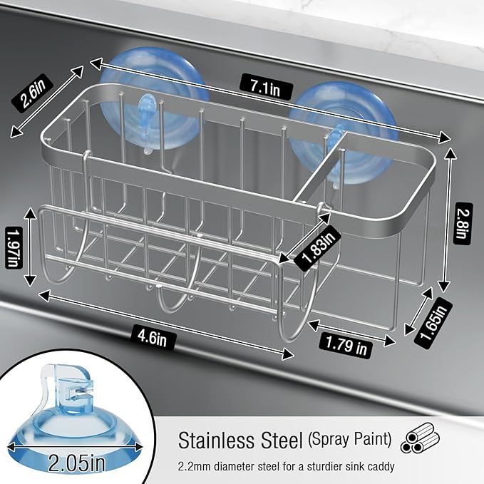 3-in-1 Kitchen Sink Caddy Organizer with Sponge Holder, Brush Holder, Extra Rack for Scrubber, Sink Stopper, Dish Cloth Hanger - Strong Dual Suction Cup, 2.0mm SUS304 Stainless Steel - Silver