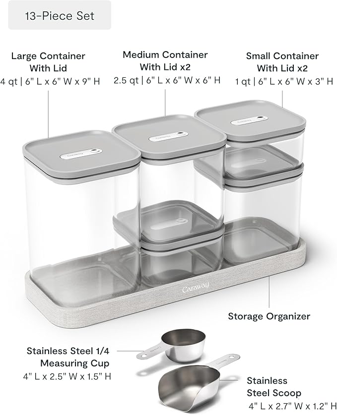 Caraway 13-Piece Glass Airtight Food Storage Containers with Lids – Non-Toxic, BPA-Free Kitchen Storage Containers – Stackable, Space-Saving Airtight Containers for Dry Goods and More - Gray