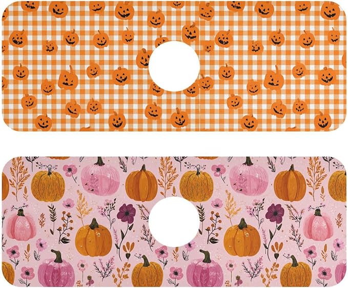 Halloween Orange Plaid Pumpkins Pink Flowers Kitchen Sink Splash Guard Sink Faucet Mat Faucet Handle Drip Catcher Drain Mats for Kitchen Bathroom Countertop Absorbent D