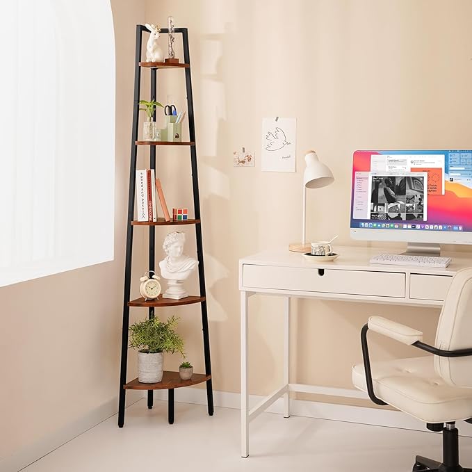 Yoobure Corner Shelf, 5-Tier Corner Bookshelf with Metal Frame & Wood Ladder Shelves - Display Shelf & Tall Bookcase, Plant Stand for Home Decor - Bedroom, Living Room, Office
