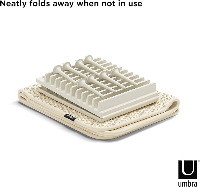 Umbra Udry Dish Rack with Movable Pegs and Microfiber Drying Mat – Space-Saving Design Folds Up for Easy Storage, Basic Rack, Linen
