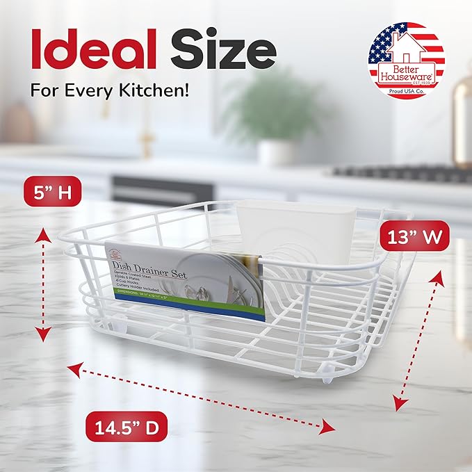 Better Houseware Dish Drying Rack, Space-Saving Dish Drainer Rack for Kitchen Counter, Coated Steel Kitchen Dish Strainer 2-Piece Set with Utensil Holder, White
