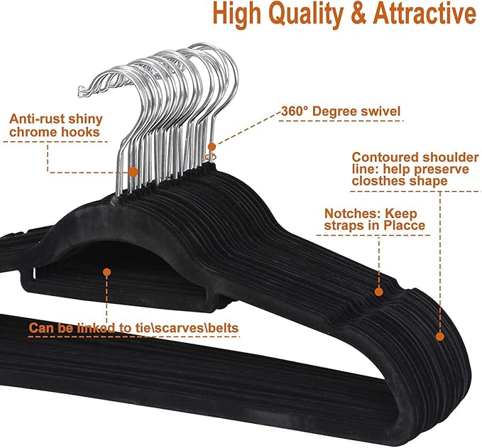 JupiterForce Velvet Hangers, 100 Pack Non-Slip Slim Clothes Hangers with 360 Degree Swivel Hook, Space Saving Velvet Coat Hangers for Closet Organization, Black
