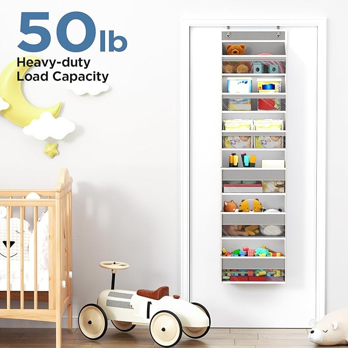 Over The Door Organizer, 6 Shelf Door Hanging Organizers with 6 Large Capacity Pockets, Behind Door Storage Hanging Shelves for Closet Wall Bathroom Bedroom Nursery