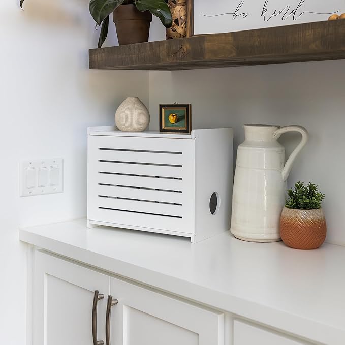 Wooden WiFi Router Storage Box - Deluxe Wall Mountable Decorative Modem Shelf Hider Cover with Cable Management System - Rustic Home Organization Solution for Most Routers Up to 11" Tall - White