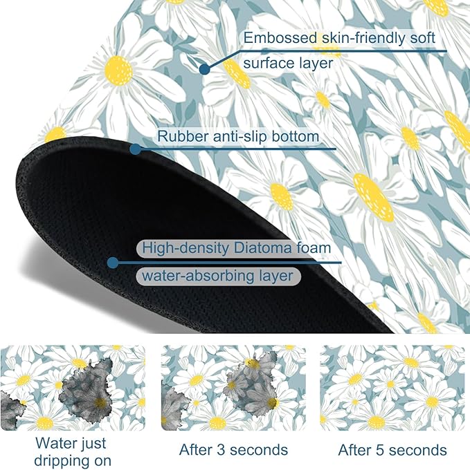 White Flower Sink Splash Guard Cute Chamomile Faucet Absorbing Mat Fast Drying Mat Sink Gadgets Splash Guard Behind Faucet Drip Catcher for Kitchen Bathroom, 15.5"x5.5"