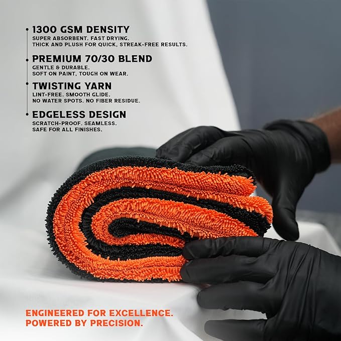 VALKROS X- Large Car Drying Towel, 36x24 Microfiber Towels for Cars, 1300 GSM, 70/30 Blend, Dual-Sided Highly Absorbent Twisted-Loop Edgeless Car Detailing Cloth, Scratch/Streak-Free [Orange/Black]