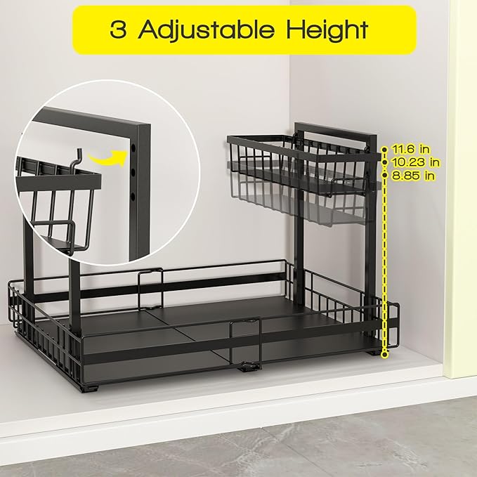 NADAMOO Expandable Under Sink Organizer 2-Tier Black Metal Storage Shelf, Adjustable Under Cabinet Organizer for Kitchen & Bathroom, Space-Saving Rack for Cleaning Supplies & Laundry Essentials